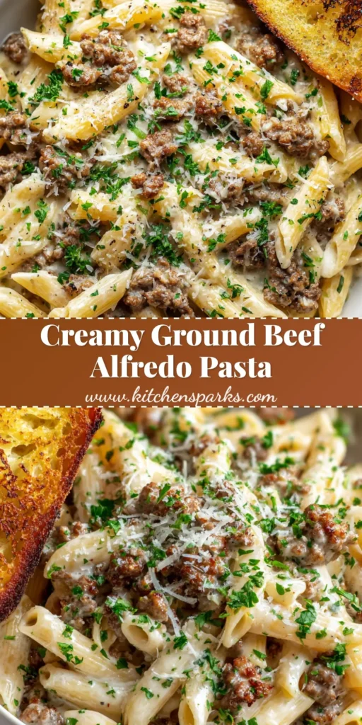 A close-up overhead shot of a white ceramic bowl filled with creamy ground beef pasta Alfredo, garnished with parsley and parmesan, served with a slice of golden-brown toasted garlic bread.