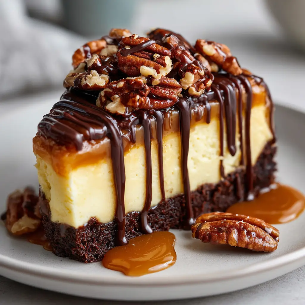 Thick glossy amber caramel sauce and zigzag dark chocolate ganache dripping down a slice of Turtle Brownie Cheesecake.