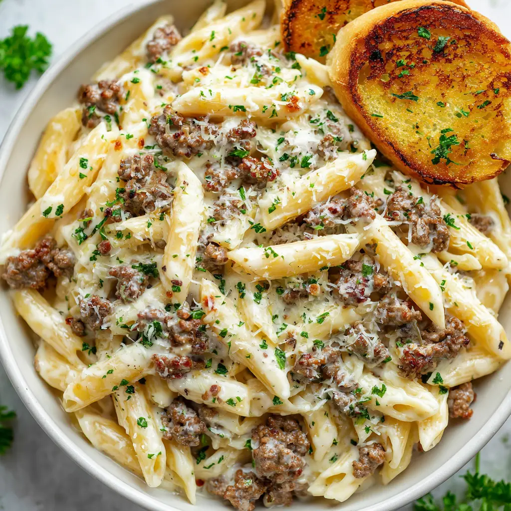 Searing crumbled ground beef in a skillet to develop savory caramelized edges before making Alfredo sauce.