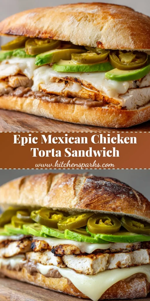 A halved authentic Mexican chicken torta on a rustic wooden cutting board showing distinct layers of beans, chicken, Oaxaca cheese, avocado, and jalapeños.