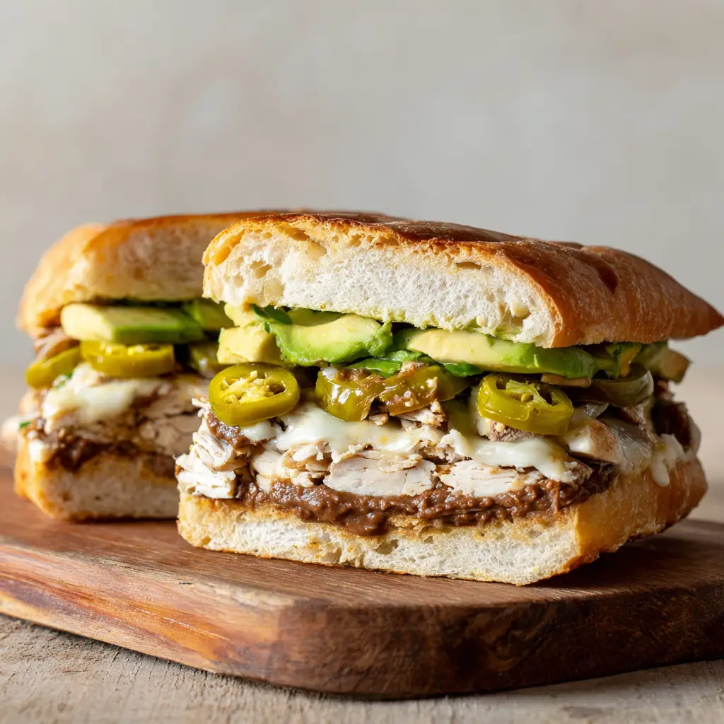 Close up of an authentic Mexican chicken torta sandwich showing crispy toasted bolillo bread, creamy brown beans, and glossy melted Oaxaca cheese.