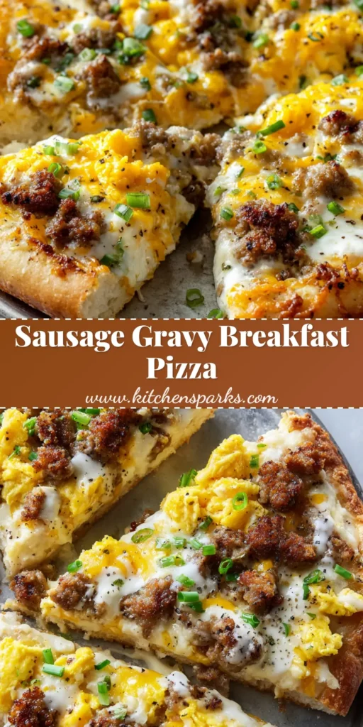 A savory Sausage Gravy Breakfast Pizza sliced into wedges, featuring a biscuit dough crust, white pepper gravy, sausage, eggs, and melted cheese on a metal pan.