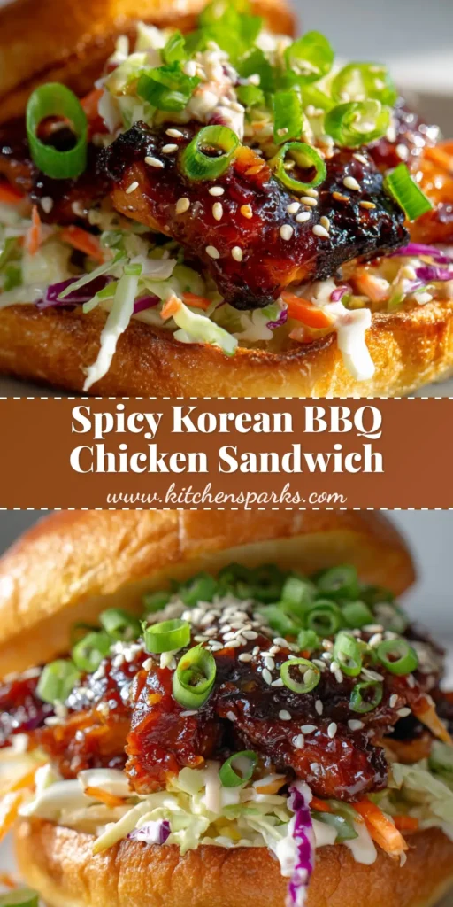 A towering Spicy Korean BBQ Chicken Sandwich on a white plate, featuring a glossy charred chicken thigh, creamy cabbage slaw, and toasted brioche buns.