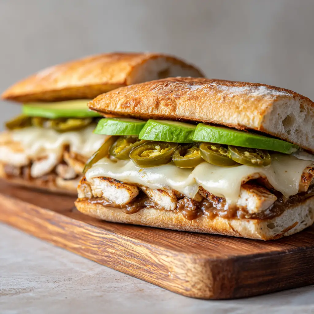 Vibrant layers of fresh green avocado slices and pickled jalapeños overlapping on a Mexican chicken torta.
