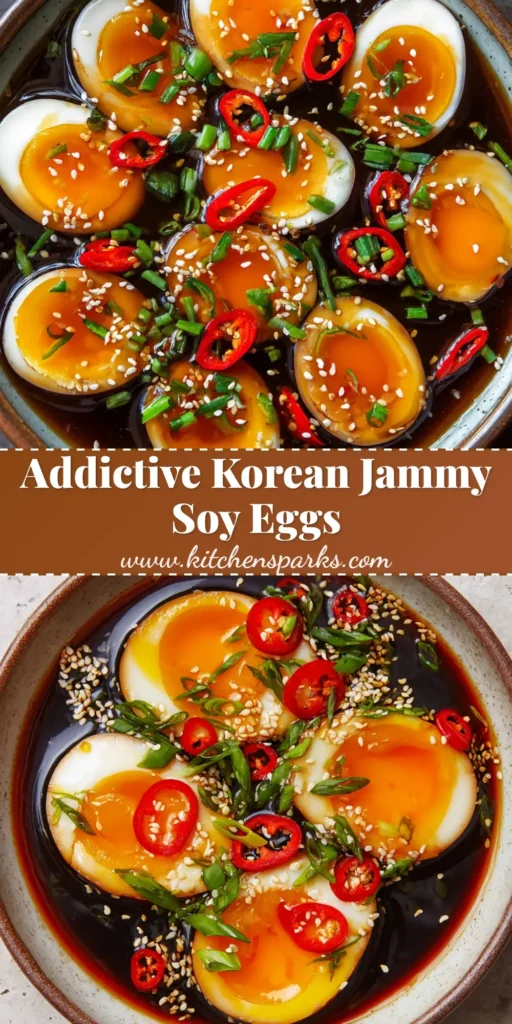 A round ceramic bowl containing soft-boiled Korean Mayak Eggs sliced in half, showing bright orange jammy yolks, submerged in a dark brown soy marinade with green scallions, sesame seeds, and chili slices.