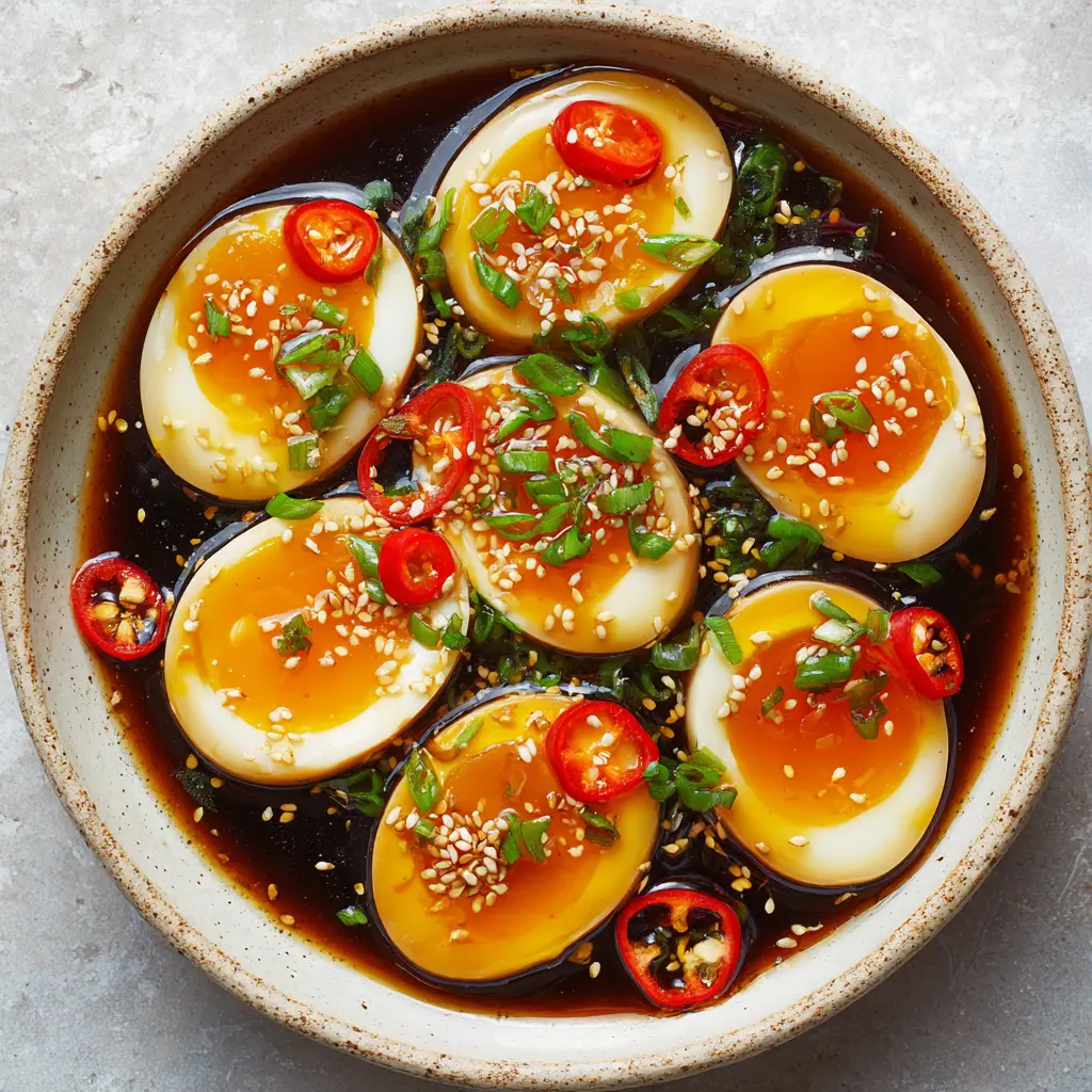 Halved soft-boiled egg showing a thick, bright orange jammy yolk resting in a translucent dark brown soy marinade.