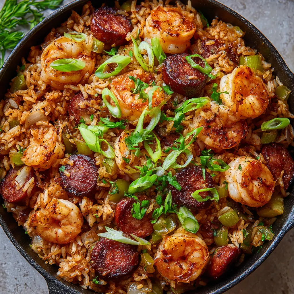 Southern Dirty Rice garnished with thinly sliced fresh bright green scallions and scattered dried parsley flakes in a rustic skillet on a smooth counter.
