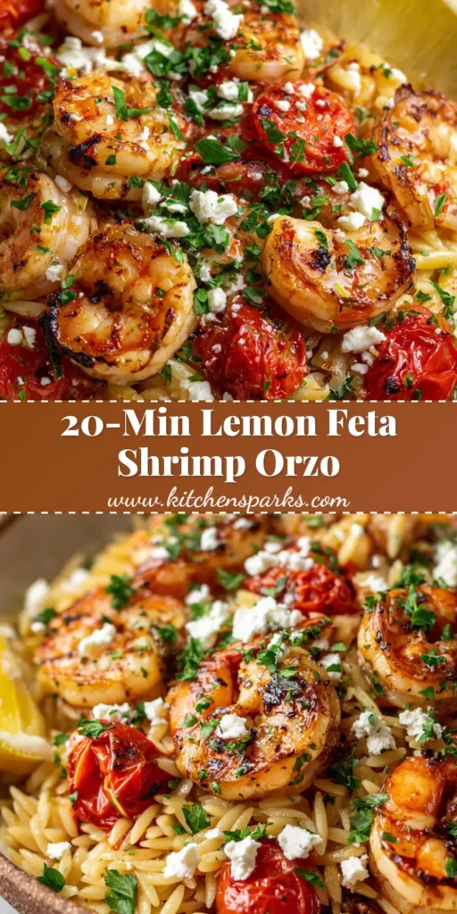 A shallow rustic ceramic bowl filled with Mediterranean Shrimp Orzo, blistered tomatoes, feta cheese, and a fresh lemon wedge.
