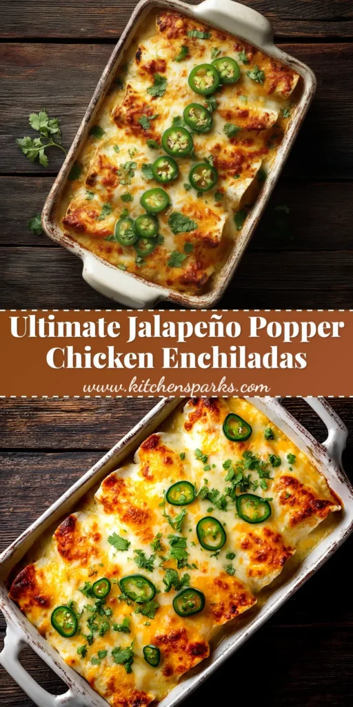 A close-up overhead shot of Jalapeño Popper Chicken Enchiladas in a white baking dish, topped with fresh cilantro and jalapeño slices. The ultimate creamy and spicy weeknight dinner idea.
