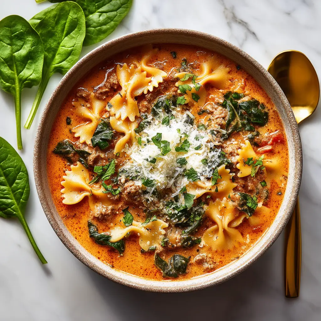 A close-up perspective shot of a spoonful of lasagna soup, showing the Mafalda pasta, rich tomato broth, and melted cheese.