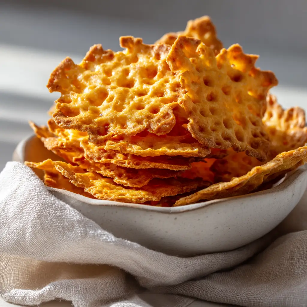 A stack of homemade low-carb cottage cheese crackers next to a small bowl of dip, illustrating a perfect savory snack pairing.