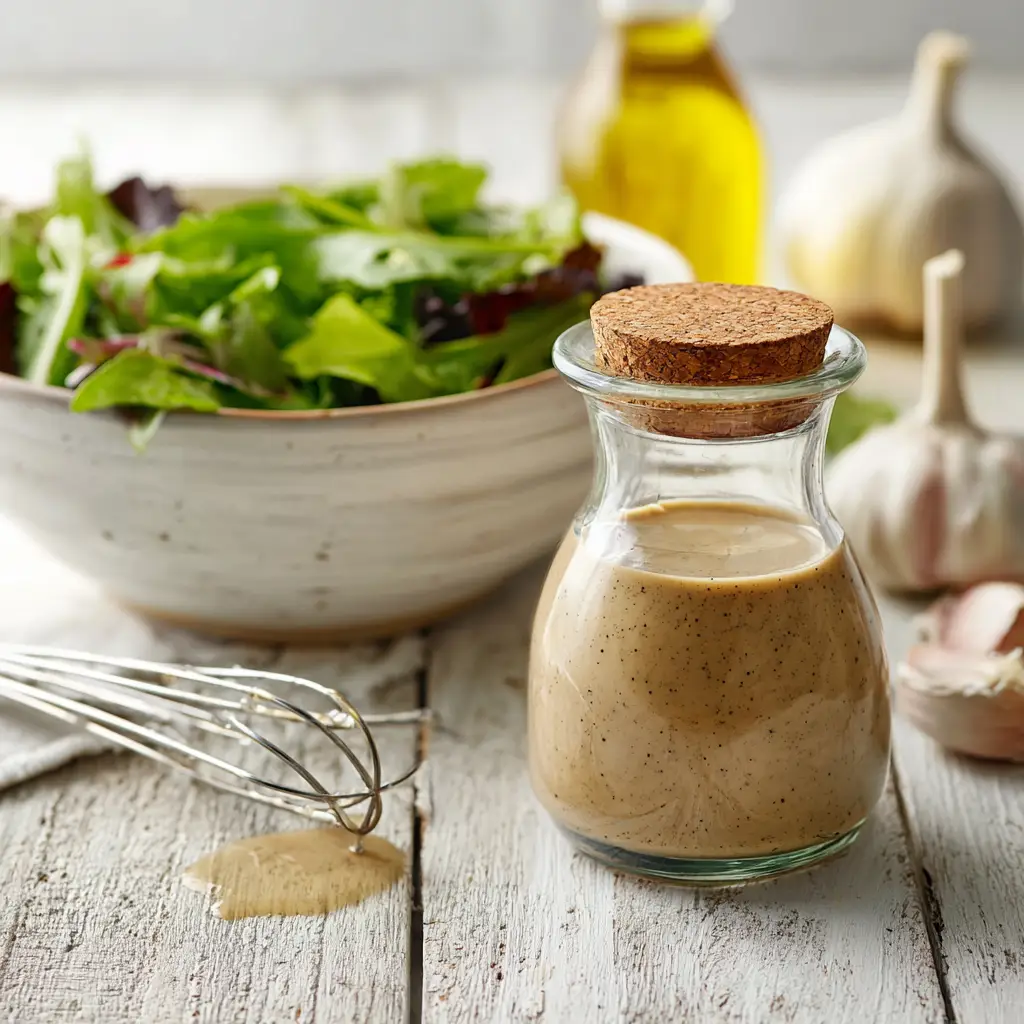 A close-up shot of creamy balsamic dressing being whisked in a bowl, showing the emulsification process.