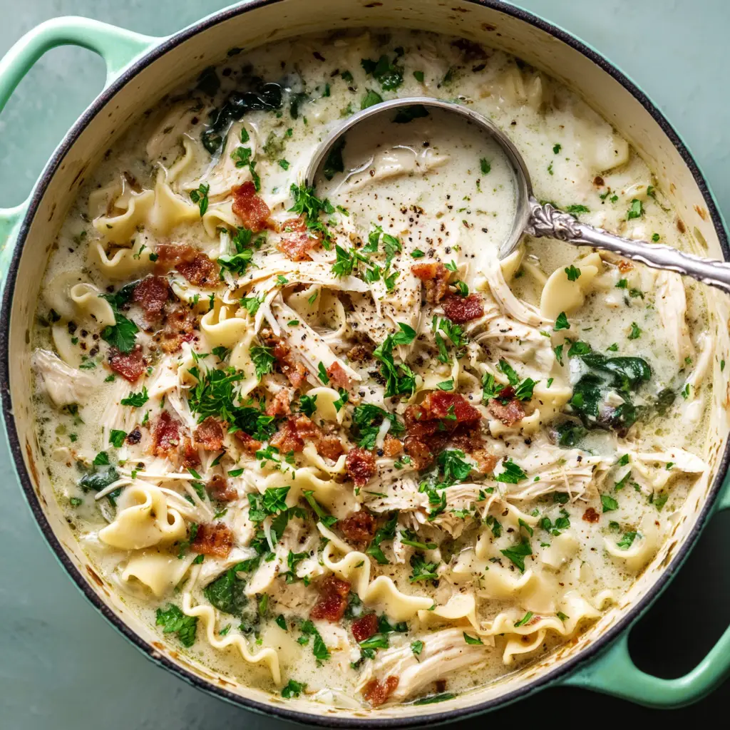 A close-up shot of creamy lasagna soup with ricotta being stirred in a pot, showing the rich texture.