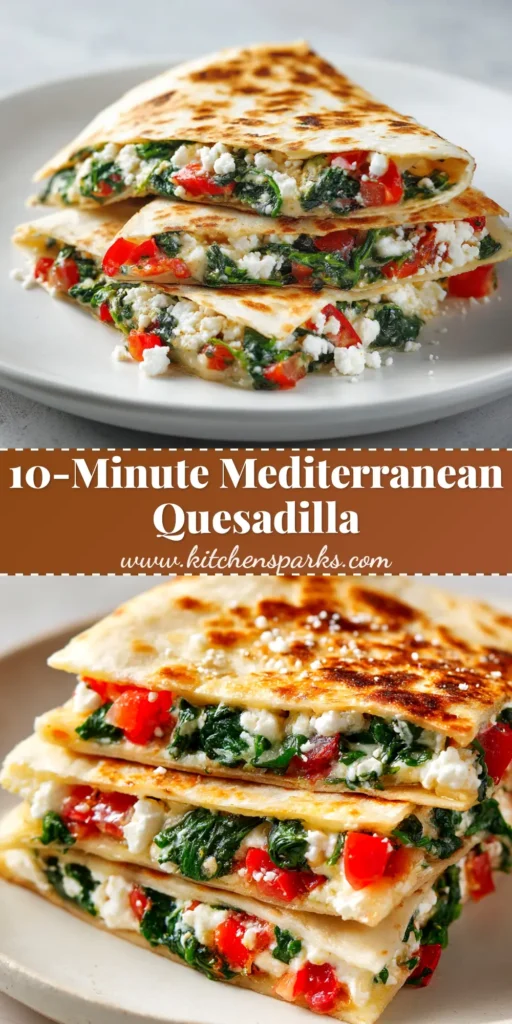 A golden-brown Mediterranean quesadilla cut into wedges on a plate, revealing a delicious filling of spinach and feta cheese. The quesadilla is garnished with fresh herbs.