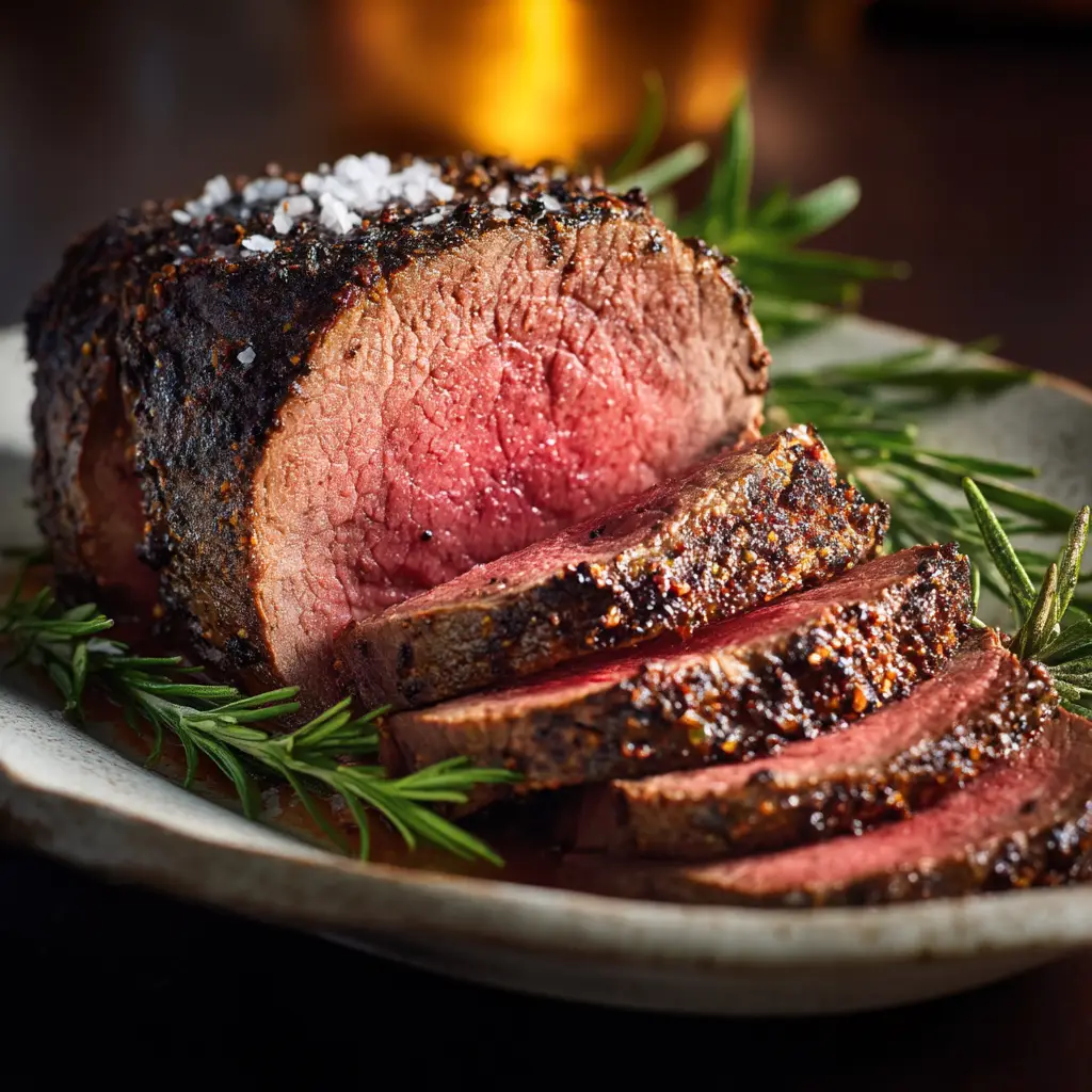 Slices of medium-rare beef tenderloin arranged on a platter, highlighting the perfect cooking temperature. The meat is juicy and perfectly pink in the center.
