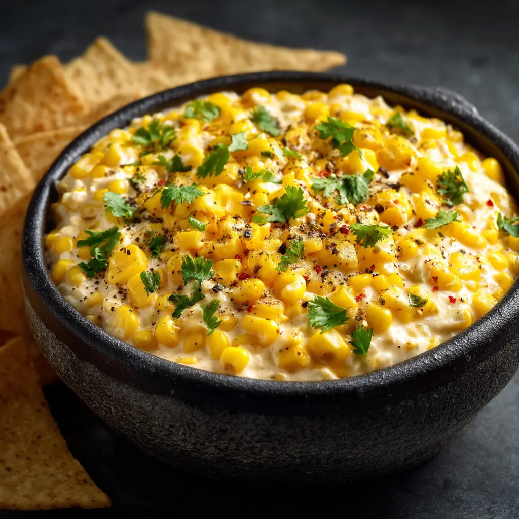A bowl of ingredients for the cheesy corn dip, including corn, cotija cheese, and cilantro.