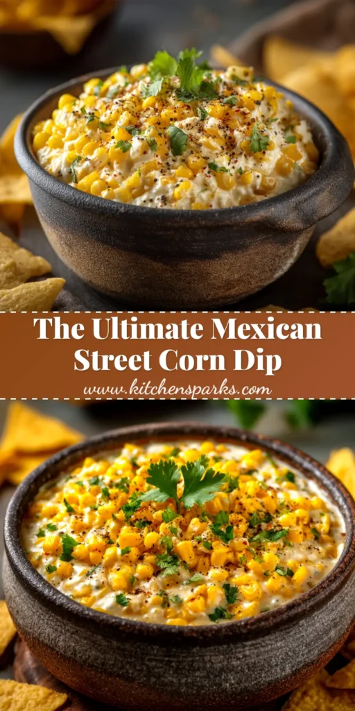 A delicious and creamy Mexican Street Corn Dip in a white bowl, topped with cotija cheese and cilantro. Perfect appetizer recipe for parties.