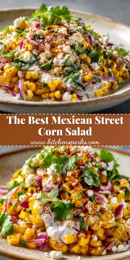 An overhead shot of a vibrant Mexican Street Corn Salad in a white bowl, topped with fresh cilantro and cotija cheese. Perfect for a summer side dish.