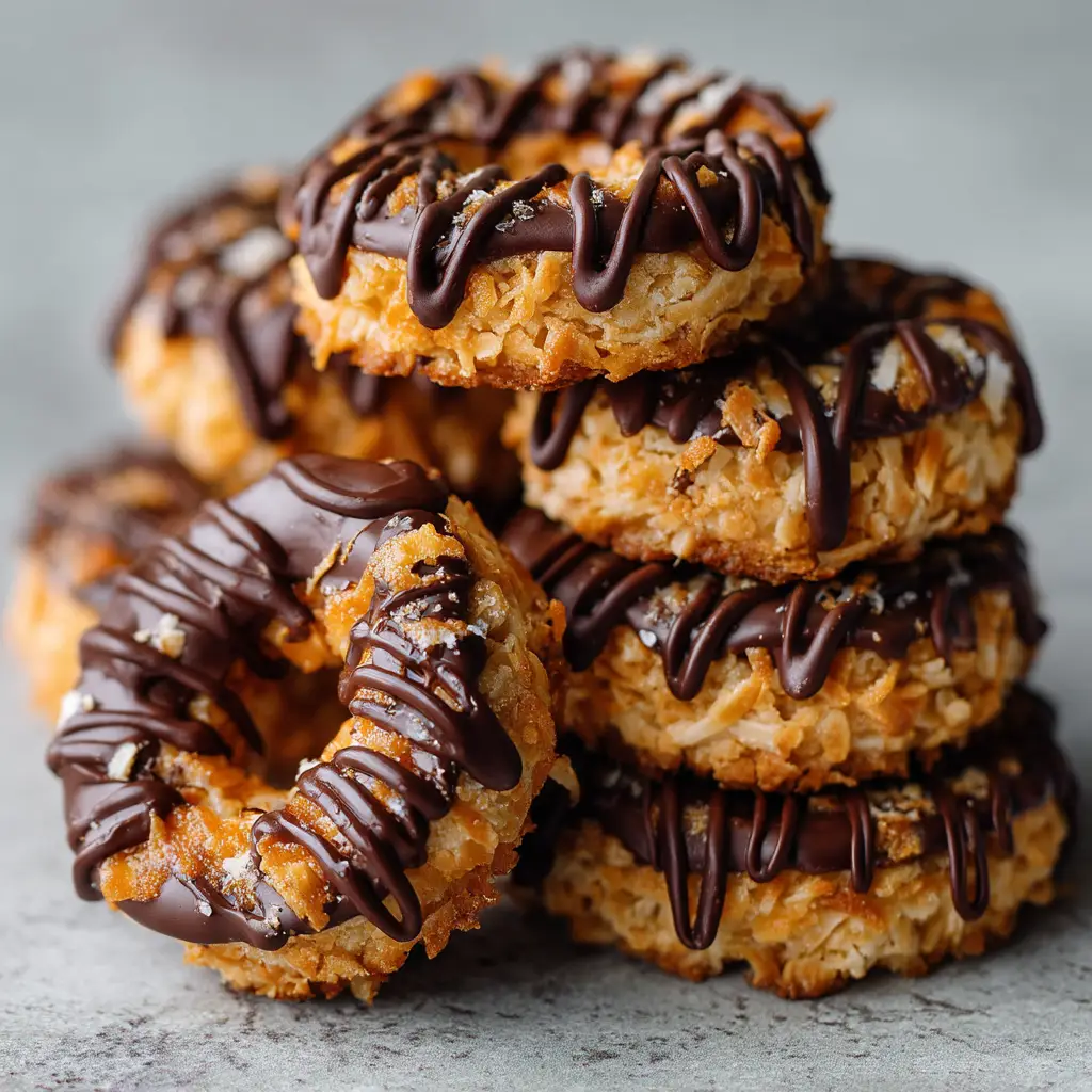 A single no-bake caramel delight cookie on a plate, showing the detailed texture of the toasted coconut and caramel topping.