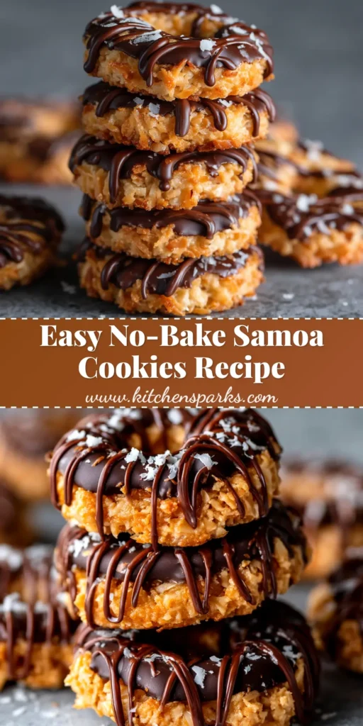A top-down view of easy No-Bake Samoa Cookies on a wooden board, showing the chewy caramel, toasted coconut, and chocolate drizzle.
