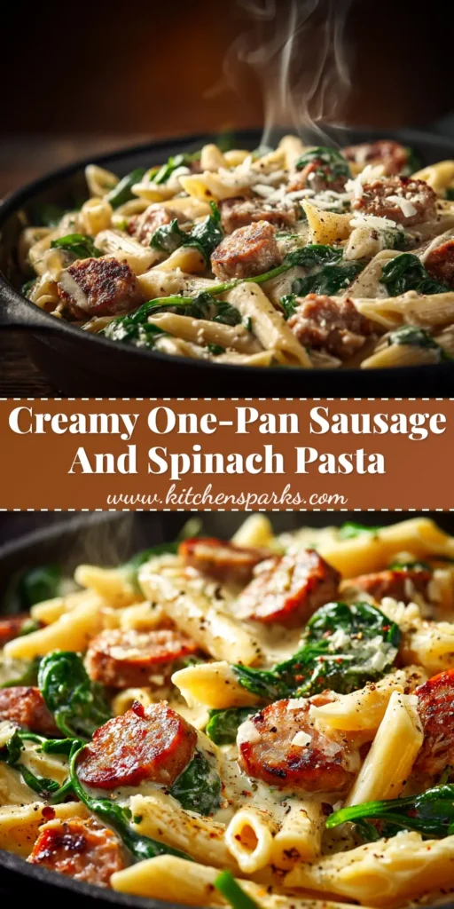 A skillet of delicious One-Pan Creamy Sausage Penne, topped with fresh basil and parmesan cheese. The perfect 30-minute weeknight dinner idea.