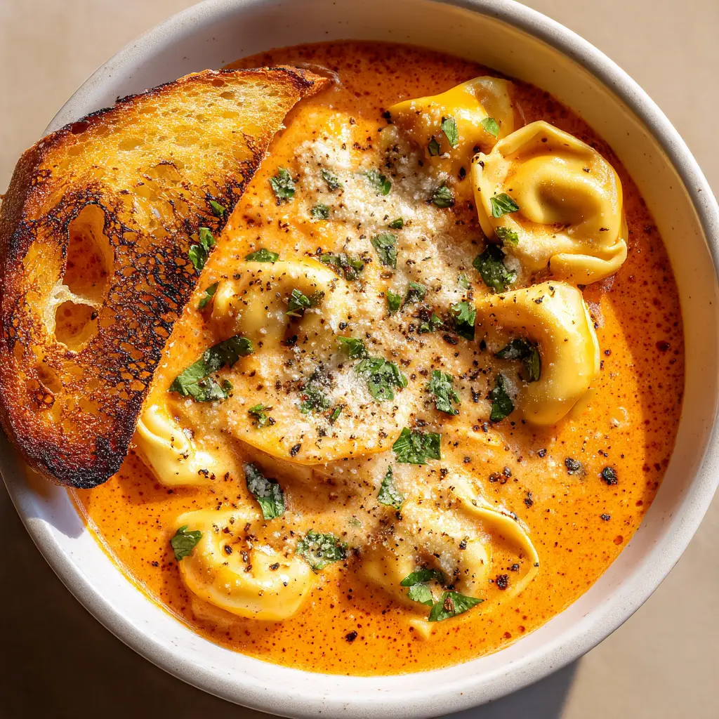 Another angle of the one-pot creamy tortellini soup, garnished with fresh parsley and Parmesan cheese for extra flavor.