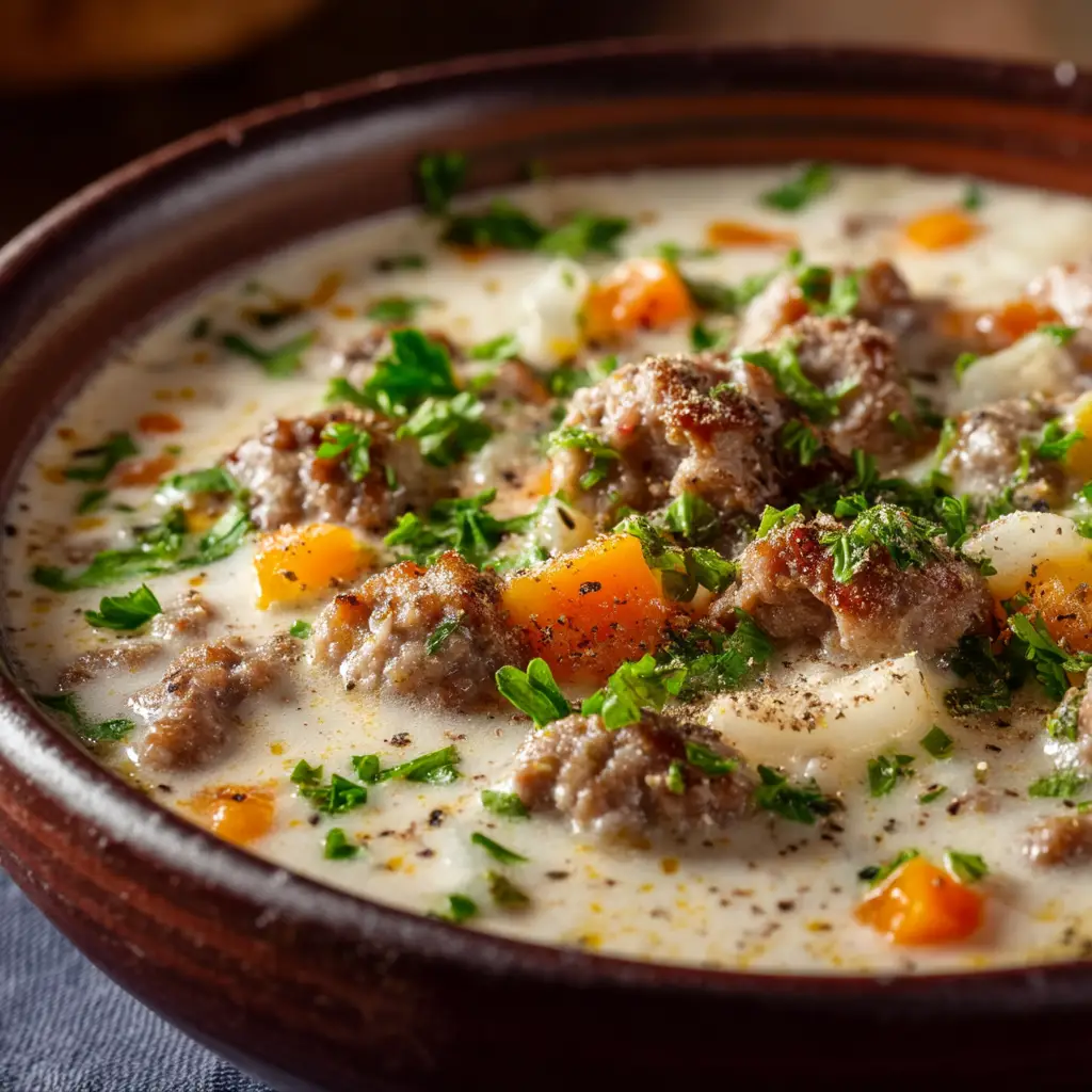 A spoonful of one-pot Italian sausage soup being lifted from a bowl, showcasing the pasta shells, sausage, and creamy broth.