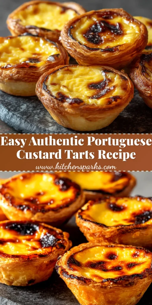 An authentic Pastel de Nata recipe featuring Portuguese custard tarts with a flaky crust and a perfectly caramelized top, arranged on a rustic wooden board.