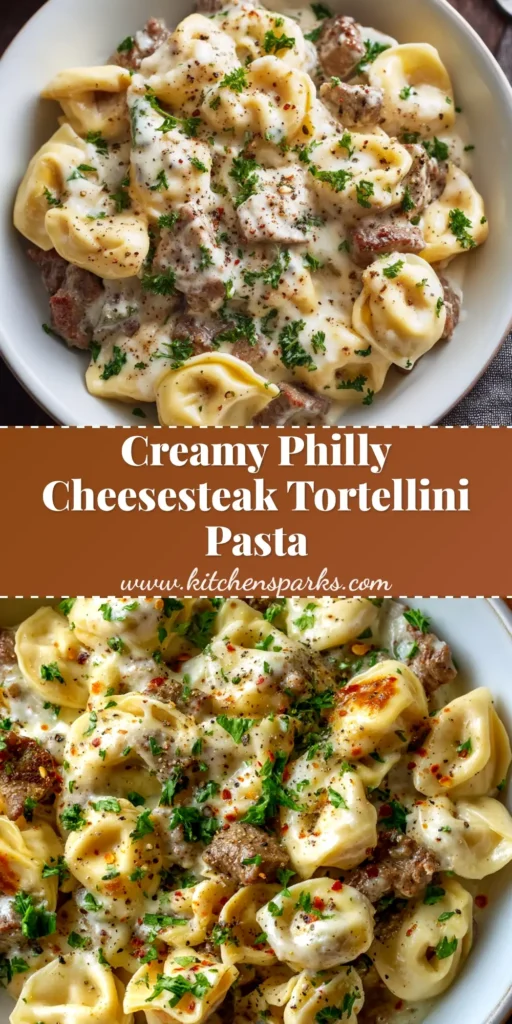 A skillet of creamy Philly Cheesesteak Tortellini, garnished with fresh parsley. The dish shows tender steak, peppers, and tortellini in a cheesy sauce.