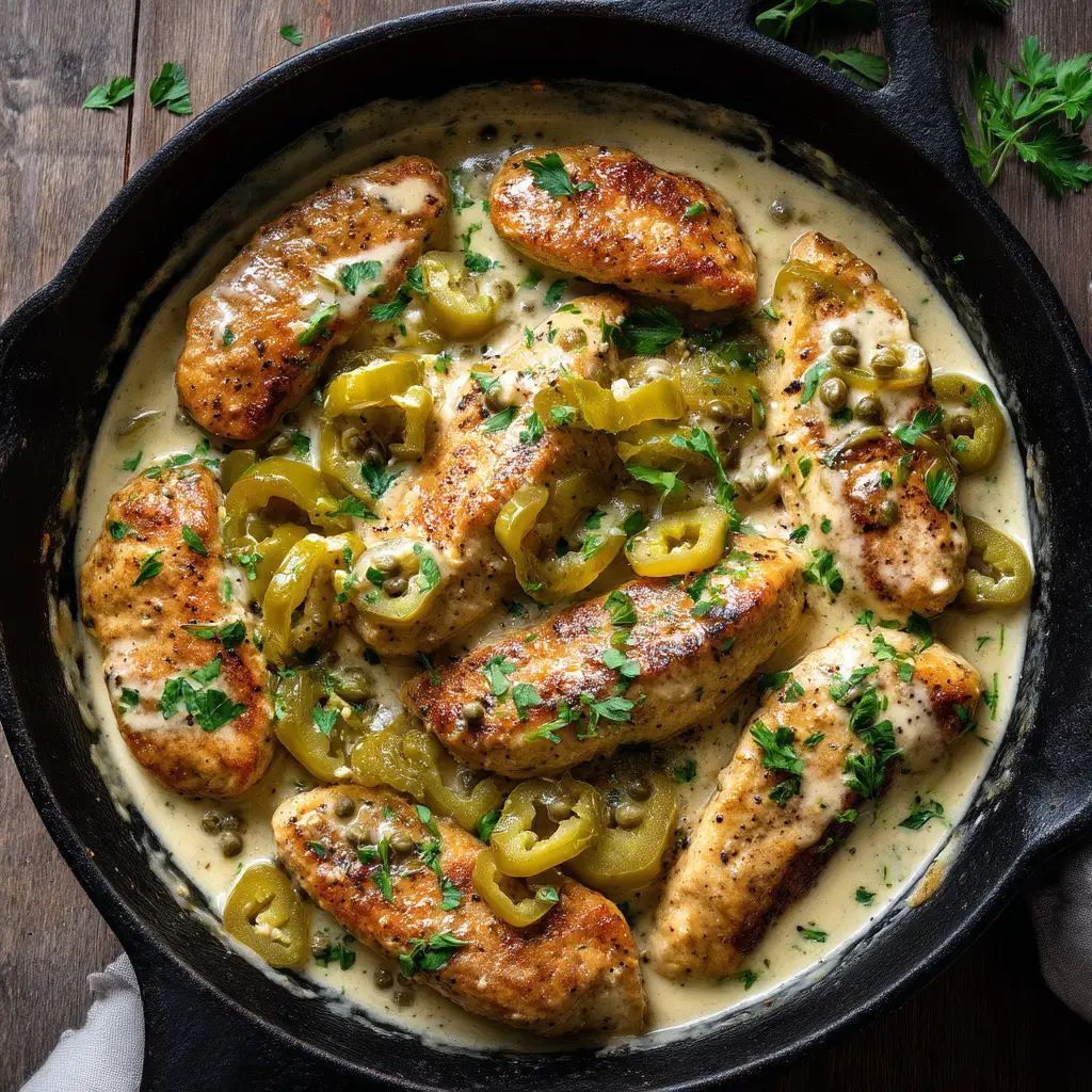 A serving of creamy pepperoncini chicken plated over mashed potatoes, ready to eat.