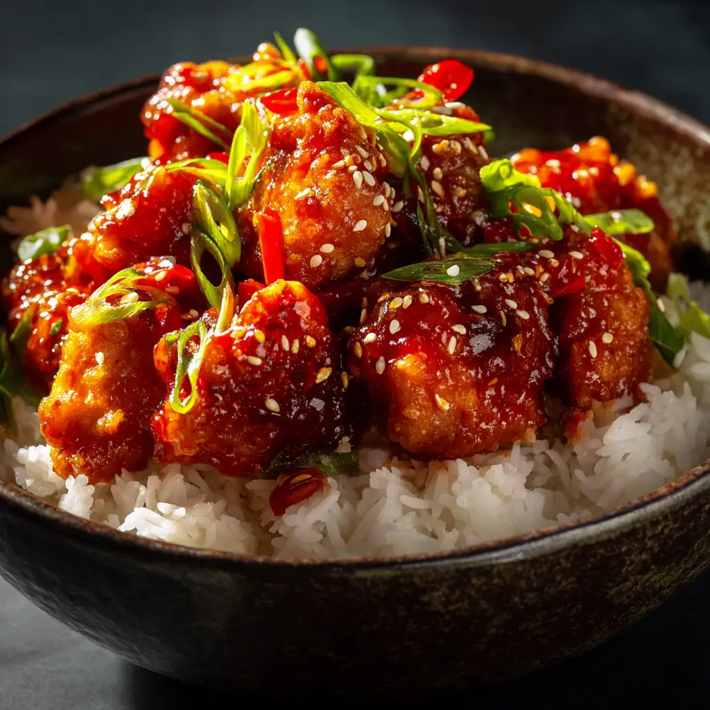 A plated serving of the Dragon Chicken recipe, showing the finished dish with stir-fried peppers, onions, and cashews.