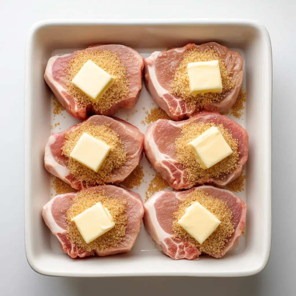 Pan-seared pork chops simmering in a dark brown sugar glaze in a skillet, viewed from above. The glaze is bubbling around the perfectly cooked pork.
