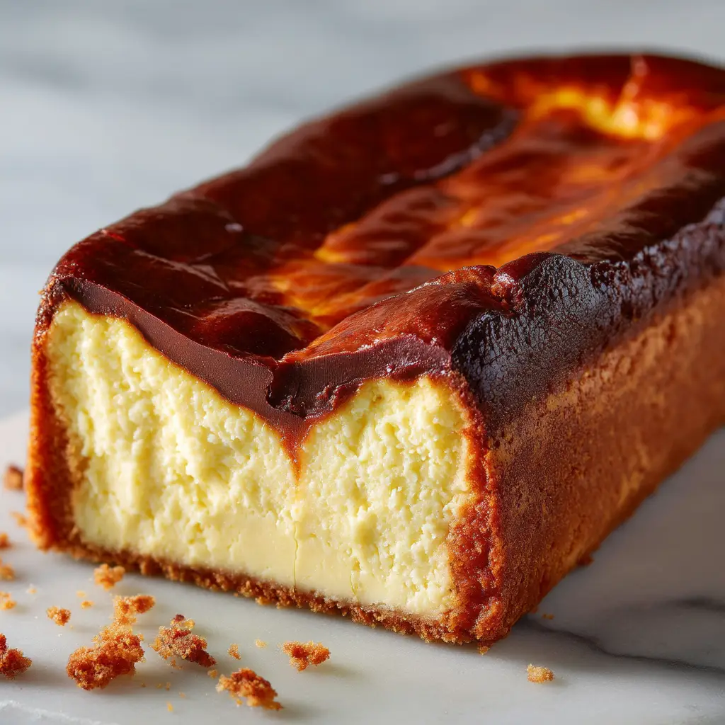 The creamy cheesecake batter being poured over the graham cracker crust in a parchment-lined loaf pan before baking.