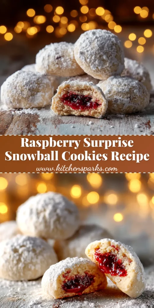 A close-up of raspberry filled snowball cookies on a plate, dusted with powdered sugar. The perfect holiday cookie recipe.