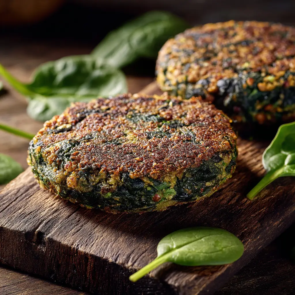 A stack of uncooked spinach lentil burger patties, showing the texture of the mixture with visible pieces of spinach and lentils before cooking.