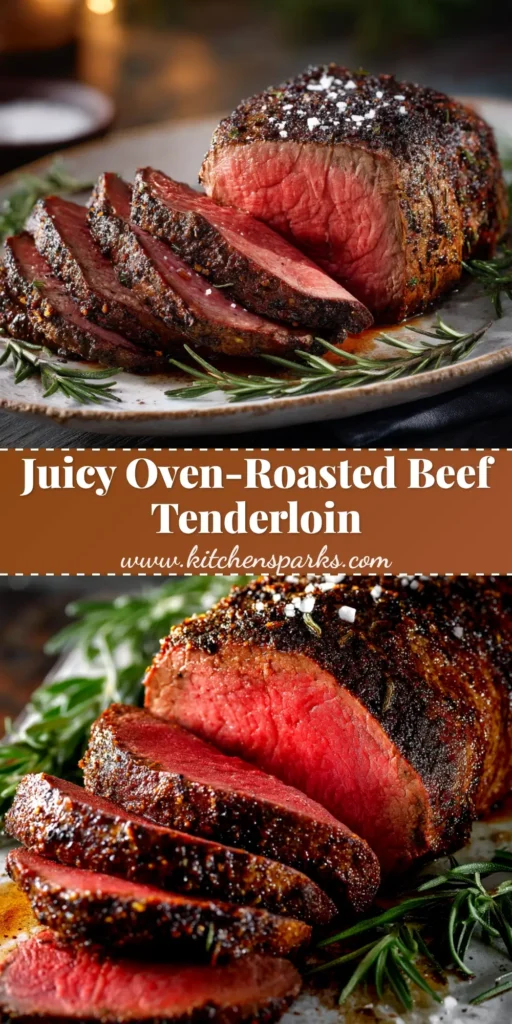 A perfectly cooked and sliced Roasted Beef Tenderloin on a wooden board, showing a juicy, medium-rare pink center. The perfect main course for the holidays.