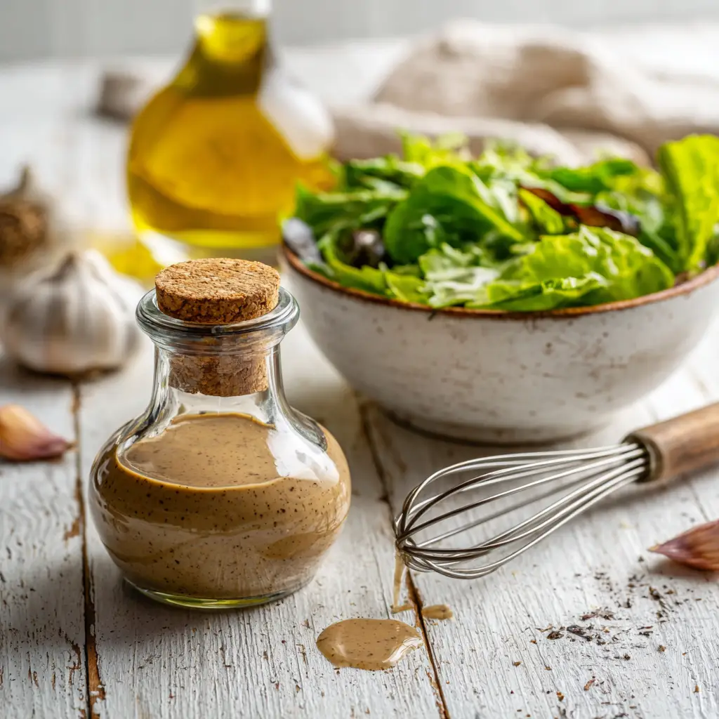 A fresh green salad drizzled with homemade creamy balsamic vinaigrette in a white serving bowl.