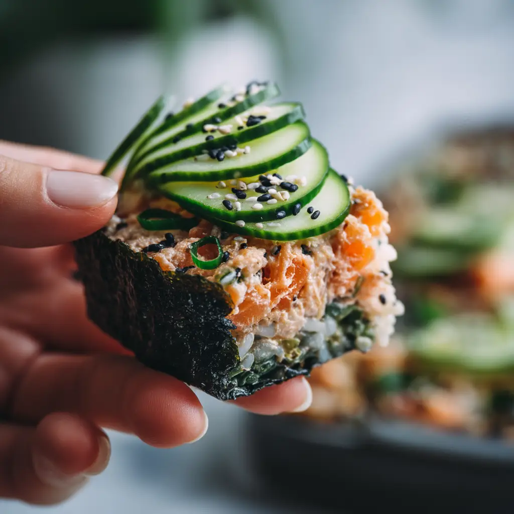A close-up of the layered salmon sushi bake, showing the seasoned rice base and the rich, creamy salmon topping.