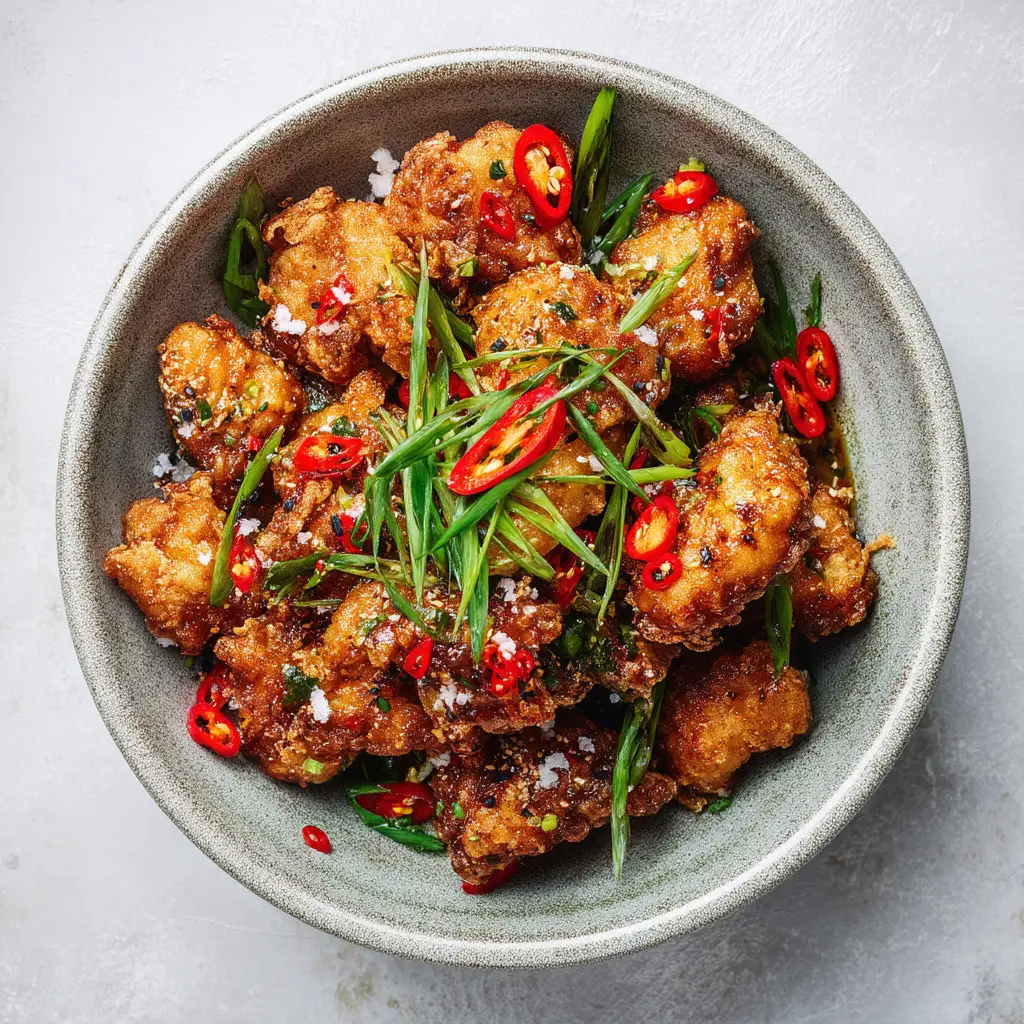 A finished plate of Salt and Pepper Crispy Chicken, tossed with aromatic garlic, chilies, and green onions.