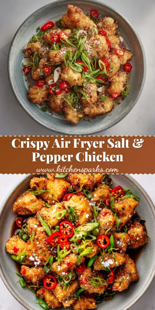 A close-up shot of Salt and Pepper Crispy Chicken piled in a bowl, garnished with fresh chilies and green onions. The perfect takeout-style recipe.