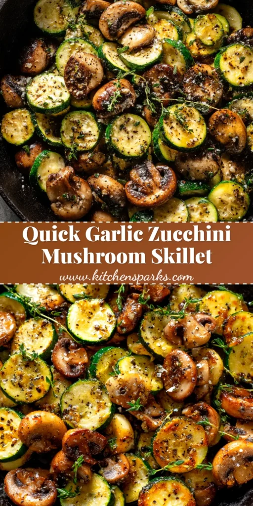 A top-down shot of a skillet filled with freshly sauteed zucchini and mushrooms, garnished with parsley. The perfect quick and easy side dish.