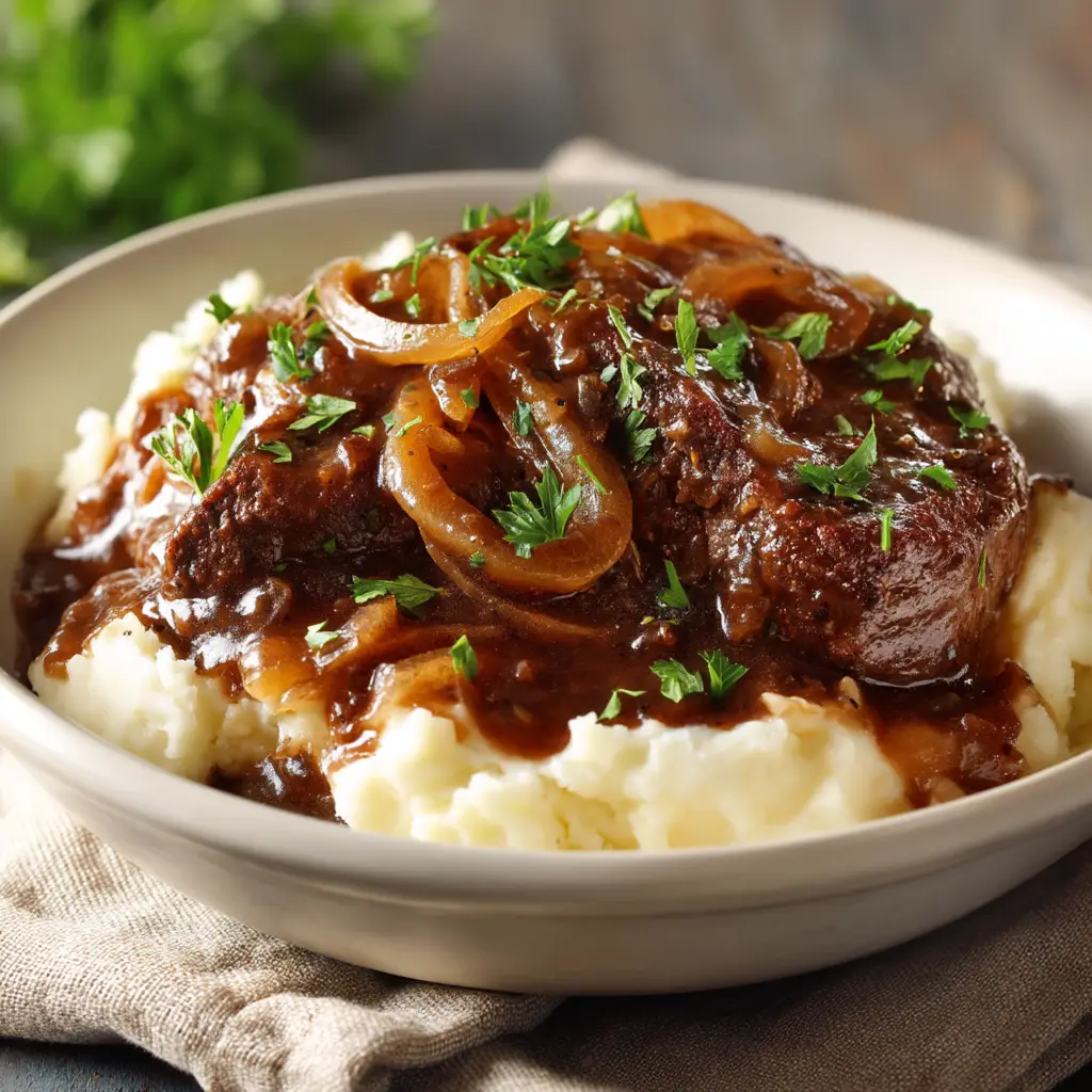 Cube steaks being browned in a skillet before being added to the crock pot for the slow cooker recipe.