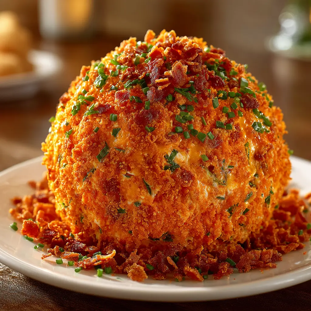 The finished Cheddar Ranch Cheese Ball being served on a rustic wooden board with a variety of crackers and fresh celery sticks.