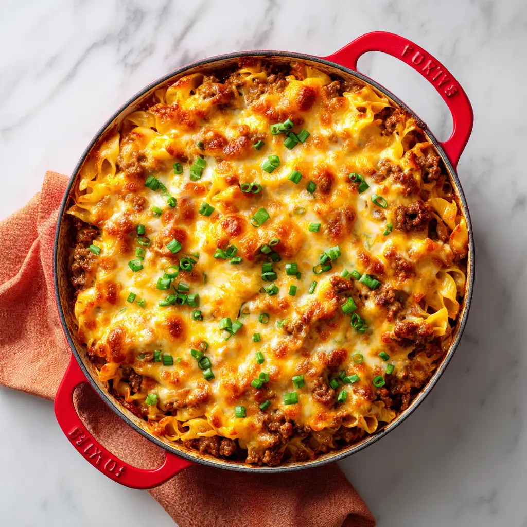 A scoop of the cheesy ground beef casserole being served from the baking dish onto a plate.