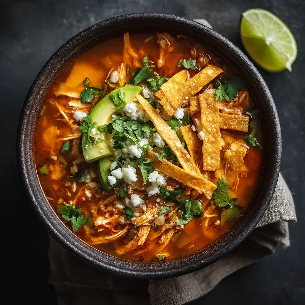 Two bowls of the best chicken tortilla soup recipe, garnished with avocado, lime, and cilantro, ready to be served.