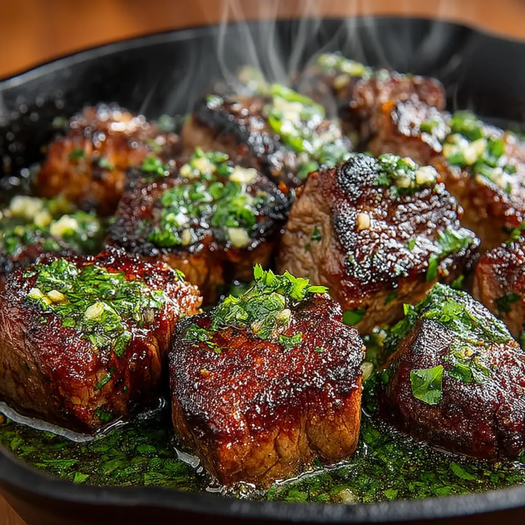 A spoonful of cowboy butter steak bites being lifted from a skillet, showcasing the tender meat and rich butter sauce.