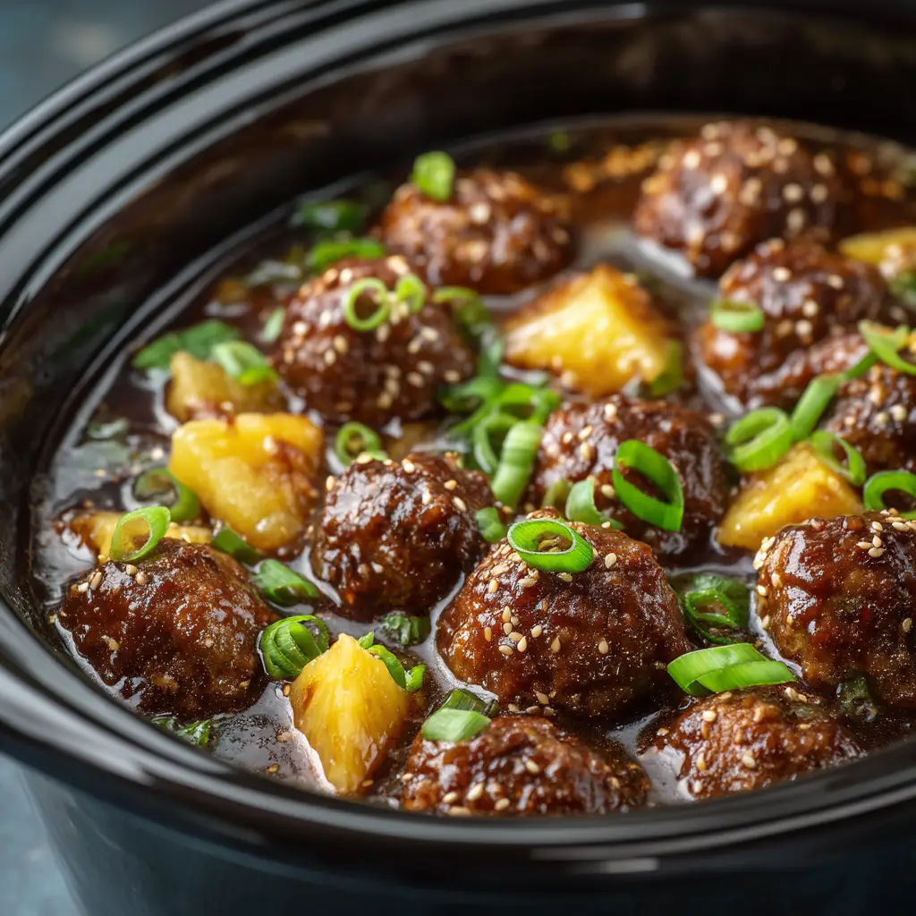 A serving of Crockpot teriyaki meatballs over a bed of white rice, ready to be served as a main course.