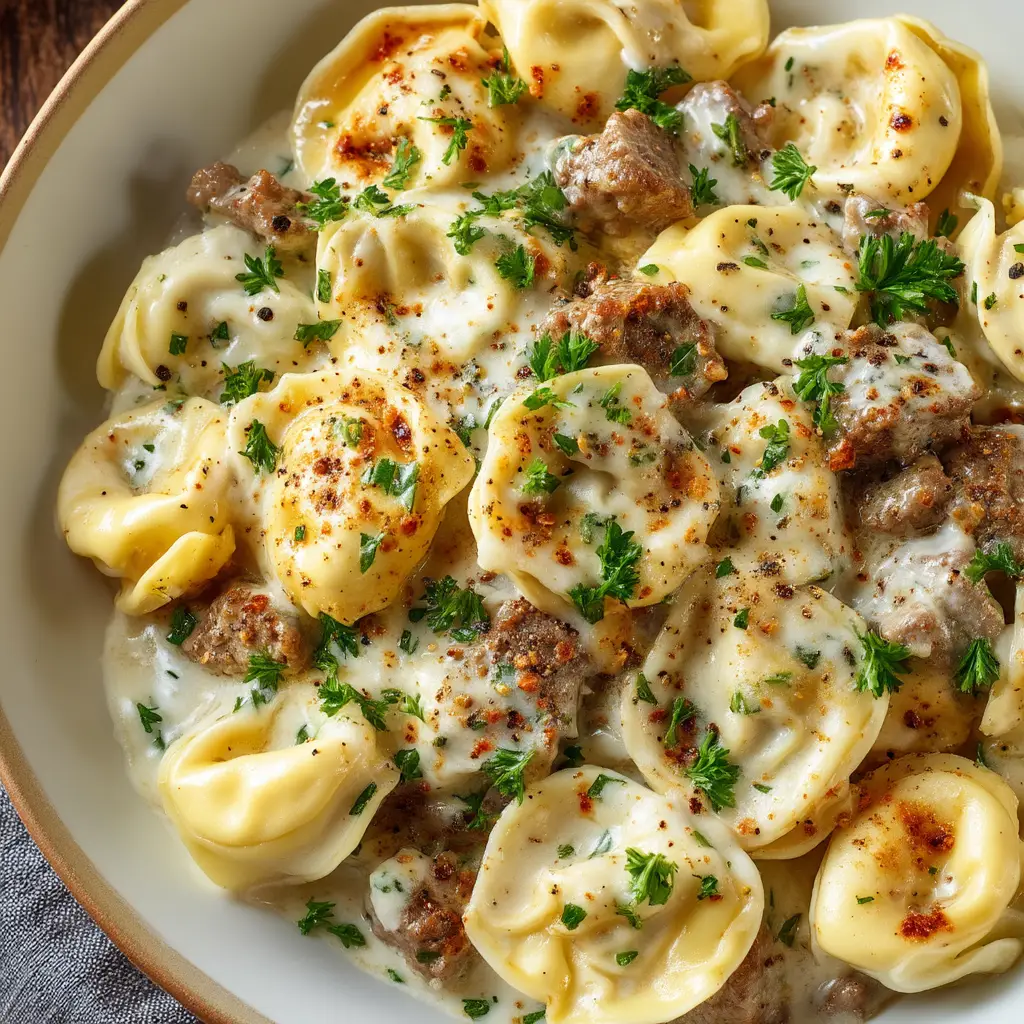 A spoonful of the Philly cheesesteak pasta dish being lifted from the skillet, showcasing the melted cheese stretch.