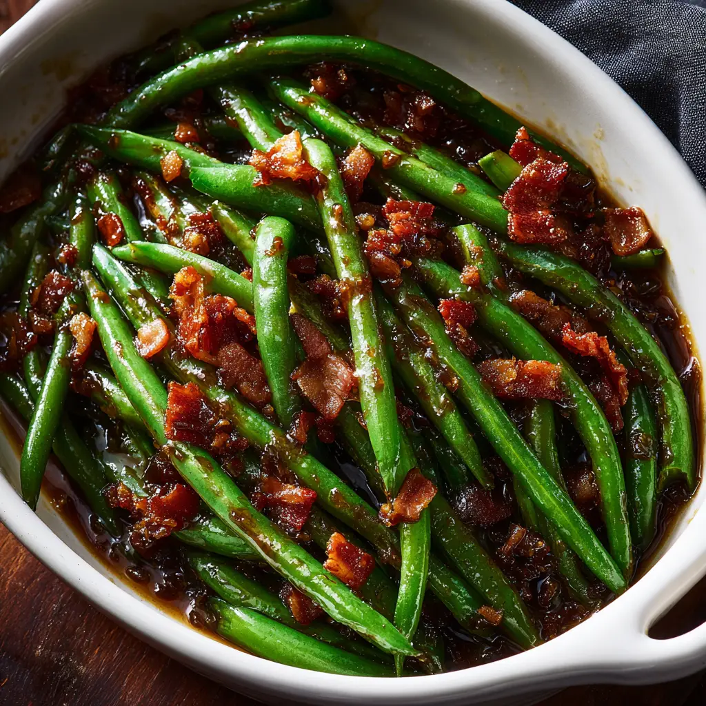 A skillet full of southern-style green beans with bacon and a caramelized brown sugar sauce.