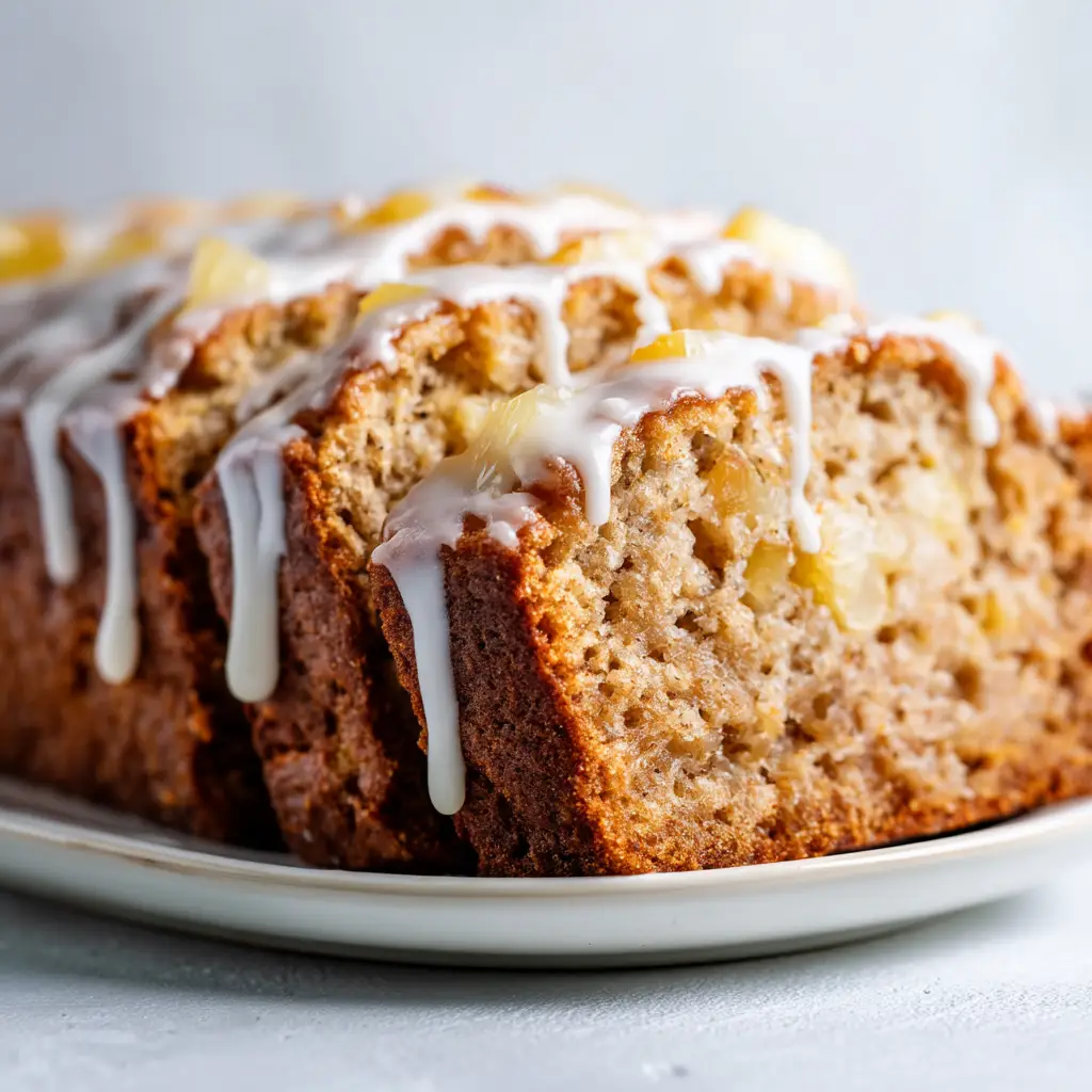 Several slices of homemade pineapple bread arranged on a plate, ready to be served for a delicious breakfast or snack.